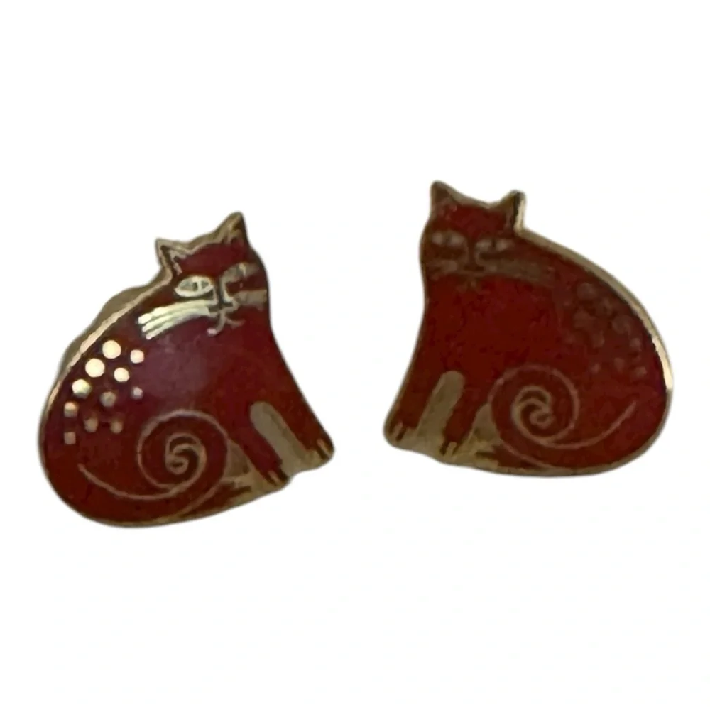 LAUREL BURCH Red Cheshire Cat Gold Post Stud Earrings Vintage Jewelry Whimsical